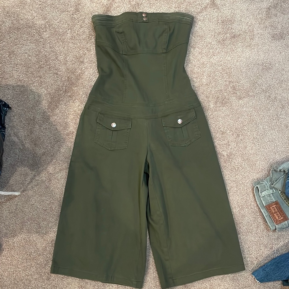 One piece romper overalls vintage army green denim size medium flare jumpsuit